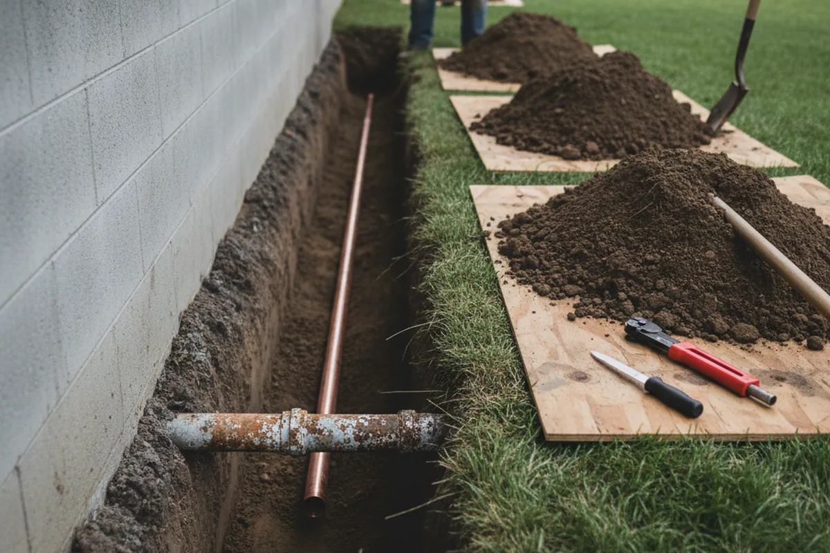 Excavated water line trench during Water Softener Installation in Zebulon